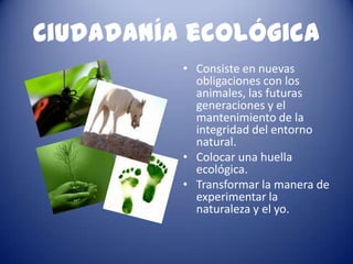 Ciudadanía ecológica
          • Consiste en nuevas
            obligaciones con los
            animales, las futuras
            generaciones y el
            mantenimiento de la
            integridad del entorno
            natural.
          • Colocar una huella
            ecológica.
          • Transformar la manera de
            experimentar la
            naturaleza y el yo.
 