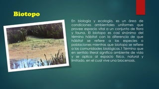 Biotopo
En biología y ecología, es un área de
condiciones ambientales uniformes que
provee espacio vital a un conjunto de flora
y fauna. El biotopo es casi sinónimo del
término hábitat con la diferencia de que
hábitat se refiere a las especies o
poblaciones mientras que biotopo se refiere
a las comunidades biológicas.1 Término que
en sentido literal significa ambiente de vida
y se aplica al espacio físico, natural y
limitado, en el cual vive una biocenosis.

 