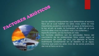 Son los distintos componentes que determinan el espacio
físico en el cual habitan los seres vivos; entre los más
importantes podemos encontrar: el agua, la temperatura,
la luz, el pH, el suelo, la humedad, el aire (sin el cual
muchos seres vivos no podrían vivir) y los nutrientes.1
Específicamente, son los factores sin vida
Los factores abióticos son los principales frenos del
crecimiento de las poblaciones. Estos varían según el
ecosistema de cada ser vivo, por ejemplo el factor
biolimitante fundamental en el desierto es el agua,
mientras que para los seres vivos de las zonas profundas
del mar el freno es la luz.

 