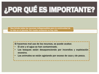 Nos brinda todos los recursos indispensables para la continuidad de
la vida en el planeta. Sin medio ambiente no hay vida.
Si hacemos mal uso de los recursos, se puede acabar.
• El aire y el agua se han contaminado.
• Los bosques están desapareciendo por incendios y explotación
excesiva.
• Los animales se están agotando por exceso de caza y de pesca.
 