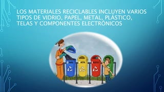 LOS MATERIALES RECICLABLES INCLUYEN VARIOS 
TIPOS DE VIDRIO, PAPEL, METAL, PLÁSTICO, 
TELAS Y COMPONENTES ELECTRÓNICOS 
 