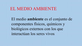El medio ambiente es el conjunto de
componentes físicos, químicos y
biológicos externos con los que
interactúan los seres vivos.
EL MEDIO AMBIENTE