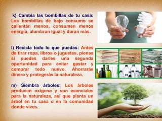 k) Cambia las bombillas de tu casa:
Las bombillas de bajo consumo se
calientan menos, consumen menos
energía, alumbran igual y duran más.
l) Recicla todo lo que puedas: Antes
de tirar ropa, libros o juguetes, piensa
si puedes darles una segunda
oportunidad para evitar gastar y
comprar todo nuevo. Ahorrarás
dinero y protegerás la naturaleza.
m) Siembra árboles: Los árboles
producen oxígeno y son esenciales
para la naturaleza, así que planta un
árbol en tu casa o en la comunidad
donde vives.
 