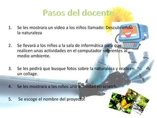 1. Se les mostrara un video a los niños llamado: Descubriendo
la naturaleza
2. Se llevará a los niños a la sala de informática para que
realicen unas actividades en el computador referentes al
medio ambiente.
3. Se les pedirá que busque fotos sobre la naturaleza y realicen
un collage.
4. Se les mostrara a los niños una actividad en scratch.
5. Se escoge el nombre del proyecto.
 