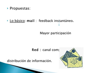 Propuestas: Lo básico :  mail  :  feedback instantáneo .   Mayor participación  Red :  canal complementario de  distribución de información. 