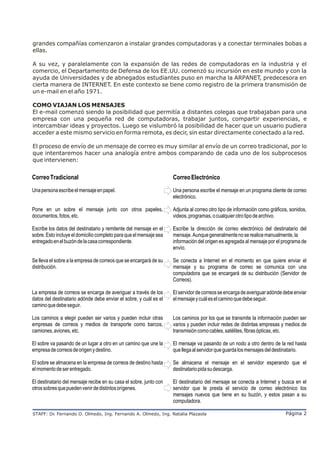 grandes compañías comenzaron a instalar grandes computadoras y a conectar terminales bobas a
ellas.

A su vez, y paralelamente con la expansión de las redes de computadoras en la industria y el
comercio, el Departamento de Defensa de los EE.UU. comenzó su incursión en este mundo y con la
ayuda de Universidades y de abnegados estudiantes puso en marcha la ARPANET, predecesora en
cierta manera de INTERNET. En este contexto se tiene como registro de la primera transmisión de
un e-mail en el año 1971.

COMO VIAJAN LOS MENSAJES
El e-mail comenzó siendo la posibilidad que permitía a distantes colegas que trabajaban para una
empresa con una pequeña red de computadoras, trabajar juntos, compartir experiencias, e
intercambiar ideas y proyectos. Luego se vislumbró la posibilidad de hacer que un usuario pudiera
acceder a este mismo servicio en forma remota, es decir, sin estar directamente conectado a la red.

El proceso de envío de un mensaje de correo es muy similar al envío de un correo tradicional, por lo
que intentaremos hacer una analogía entre ambos comparando de cada uno de los subprocesos
que intervienen:


Correo Tradicional                                                  Correo Electrónico
Una persona escribe el mensaje en papel.                            Una persona escribe el mensaje en un programa cliente de correo
                                                                    electrónico.

Pone en un sobre el mensaje junto con otros papeles,                Adjunta al correo otro tipo de información como gráficos, sonidos,
documentos, fotos, etc.                                             videos, programas, o cualquier otro tipo de archivo.

Escribe los datos del destinatario y remitente del mensaje en el    Escribe la dirección de correo electrónico del destinatario del
sobre. Esto incluye el domicilio completo para que el mensaje sea   mensaje. Aunque generalmente no se realice manualmente, la
entregado en el buzón de la casa correspondiente.                   información del origen es agregada al mensaje por el programa de
                                                                    envío.

Se lleva el sobre a la empresa de correos que se encargará de su    Se conecta a Internet en el momento en que quiere enviar el
distribución.                                                       mensaje y su programa de correo se comunica con una
                                                                    computadora que se encargará de su distribución (Servidor de
                                                                    Correos).

La empresa de correos se encarga de averiguar a través de los       El servidor de correos se encarga de averiguar adónde debe enviar
datos del destinatario adónde debe enviar el sobre, y cuál es el    el mensaje y cuál es el camino que debe seguir.
camino que debe seguir.

Los caminos a elegir pueden ser varios y pueden incluir otras       Los caminos por los que se transmite la información pueden ser
empresas de correos y medios de transporte como barcos,             varios y pueden incluir redes de distintas empresas y medios de
camiones, aviones, etc.                                             transmisión como cables, satélites, fibras ópticas, etc.

El sobre va pasando de un lugar a otro en un camino que une la      El mensaje va pasando de un nodo a otro dentro de la red hasta
empresa de correos de origen y destino.                             que llega al servidor que guarda los mensajes del destinatario.

El sobre se almacena en la empresa de correos de destino hasta      Se almacena el mensaje en el servidor esperando que el
el momento de ser entregado.                                        destinatario pida su descarga.

El destinatario del mensaje recibe en su casa el sobre, junto con   El destinatario del mensaje se conecta a Internet y busca en el
otros sobres que pueden venir de distintos orígenes.                servidor que le presta el servicio de correo electrónico los
                                                                    mensajes nuevos que tiene en su buzón, y estos pasan a su
                                                                    computadora.

STAFF: Dr Fernando O. Olmedo, Ing. Fernando A. Olmedo, Ing. Natalia Plazaola
        .                                                                                                                  Página 2
 
