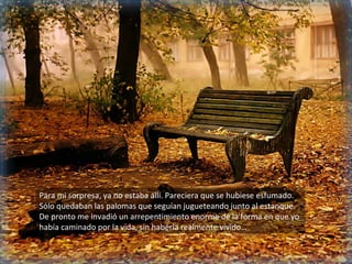 Para mi sorpresa, ya no estaba allí. Pareciera que se hubiese esfumado.
Sólo quedaban las palomas que seguían jugueteando junto al estanque.
De pronto me invadió un arrepentimiento enorme de la forma en que yo
había caminado por la vida, sin haberla realmente vivido…
 