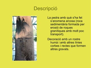 Descripció La pedra amb què s’ha fet s’anomena arcosa (roca sedimentària formada per erosió de roques granítiques amb molt poc transport). 
