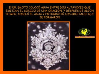 El DR. EMOTO COLOCÓ AGUA ENTRE DOS ALTAVOCES QUE EMITIAN EL SONIDO DE UNA ORACIÓN, Y DESPUÉS DE ALGÚN TIEMPO, COGELÓ EL AGUA Y FOTOGRAFIÓ LOS CRISTALES QUE SE FORMARON 