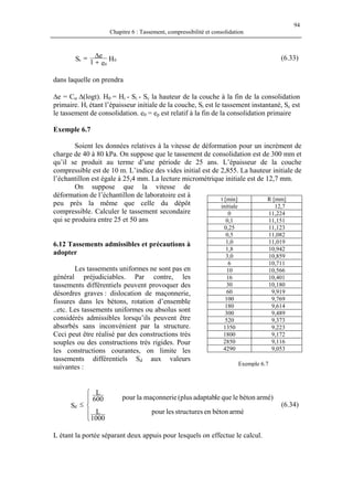 94
Chapitre 6 : Tassement, compressibilité et consolidation
H
e1
eS 0
0
s
+
∆= (6.33)
dans laquelle on prendra
∆e = Cα ∆(logt). H0 = Hi - Si - Sc la hauteur de la couche à la fin de la consolidation
primaire. Hi étant l’épaisseur initiale de la couche, Si est le tassement instantané, Sc est
le tassement de consolidation. e0 = ep est relatif à la fin de la consolidation primaire
Exemple 6.7
Soient les données relatives à la vitesse de déformation pour un incrément de
charge de 40 à 80 kPa. On suppose que le tassement de consolidation est de 300 mm et
qu’il se produit au terme d’une période de 25 ans. L’épaisseur de la couche
compressible est de 10 m. L’indice des vides initial est de 2,855. La hauteur initiale de
l’échantillon est égale à 25,4 mm. La lecture micrométrique initiale est de 12,7 mm.
On suppose que la vitesse de
déformation de l’échantillon de laboratoire est à
peu près la même que celle du dépôt
compressible. Calculer le tassement secondaire
qui se produira entre 25 et 50 ans
t [min] R [mm]
initiale 12,7
0 11,224
0,1 11,151
0,25 11,123
0,5 11,082
1,0 11,019
1,8 10,942
3,0 10,859
6 10,711
10 10,566
16 10,401
30 10,180
60 9,919
100 9,769
180 9,614
300 9,489
520 9,373
1350 9,223
1800 9,172
2850 9,116
4290 9,053
6.12 Tassements admissibles et précautions à
adopter
Les tassements uniformes ne sont pas en
général préjudiciables. Par contre, les
tassements différentiels peuvent provoquer des
désordres graves : dislocation de maçonnerie,
fissures dans les bétons, rotation d’ensemble
..etc. Les tassements uniformes ou absolus sont
considérés admissibles lorsqu’ils peuvent être
absorbés sans inconvénient par la structure.
Ceci peut être réalisé par des constructions très
souples ou des constructions très rigides. Pour
les constructions courantes, on limite les
tassements différentiels Sd aux valeurs
suivantes : Exemple 6.7
armébétonenstructureslespour
)armébétonlequeleadaptabplus(maçonnerielapour
1000
L
600
L
Sd





≤ (6.34)
L étant la portée séparant deux appuis pour lesquels on effectue le calcul.
 