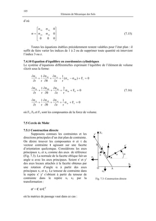 105
Eléments de Mécanique des Sols
d’où
(7.15)










σσ
σσ
=σ
000
0
0
yyyx
xyxx
Toutes les équations établies précédemment restent valables pour l’état plan : il
suffit de faire varier les indices de 1 à 2 ou de supprimer toute quantité où intervient
l’indice 3 ou z.
7.4.10 Equation d'équilibre en coordonnées cylindriques
Le système d’équations différentielles exprimant l’équilibre de l’élément de volume
s'écrit sous la forme:
0F)(
r
1
zr
1
r
rrr
rzrrr
=+σ−σ+
∂
σ∂
+
θ∂
σ∂
+
∂
σ∂
θθ
θ
0F
r
2
zr
1
r
r
zr
=+σ+
∂
σ∂
+
θ∂
σ∂
+
∂
σ∂
θθ
θθθθ
(7.16)
0F
r
1
zr
1
r
zzr
zzzzr
=+σ+
∂
σ∂
+
θ∂
σ∂
+
∂
σ∂ θ
où Fr, Fθ et Fz sont les composantes de la force de volume.
7.5 Cercle de Mohr
7.5.1 Construction directe
α
σ1
σ α
τ
σ2
B
AO
n
t
y'
x'
X2
X1
Supposons connues les contraintes et les
directions principales d’un état plan de contrainte.
On désire trouver les composantes σ et τ du
vecteur contrainte t agissant sur une facette
d’orientation quelconque. Considérons les axes
principaux x1 et x2 comme des axes de référence
(Fig. 7.3). La normale de la facette oblique fait un
angle α avec les axes principaux. Soient x' et y'
des axes locaux attachés à la facette obtenus par
une rotation d’angle α à partir des axes
principaux x1 et x2. Le tenseur de contrainte dans
le repère x' y' s’obtient à partir du tenseur de
contrainte dans le repère x1 x2 par la
transformation :
Fig. 7.3: Construction directe
σ' = C σ CT
où la matrice de passage vaut dans ce cas :
 