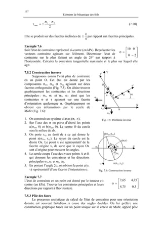 107
Eléments de Mécanique des Sols
2
21
max
σ−σ
±=τ (7.20)
Elle se produit sur des facettes inclinées de
4
π
± par rapport aux facettes principales.
Exemple 7.6
Soit l'état de contrainte représenté ci-contre (en kPa). Représenter les
vecteurs contrainte agissant sur l'élément. Déterminer l'état de
contrainte sur le plan faisant un angle de 26° par rapport à
l'horizontale. Calculer la contrainte tangentielle maximale et le plan sur lequel elle
agit.








−
=σ
20
010
7.5.2 Construction inverse
τ
τxy
α
σxx
σ α
τ
σyy
B
A
O
n
y'
x'
Y
X
Supposons connu l’état plan de contrainte
en un point O. Cet état est donné par les
composantes σxx, σyy et σxy agissant sur deux
facettes orthogonales (Fig. 7.5). On désire trouver
graphiquement les contraintes et les directions
principales : σ1, σ2 et α1, α2 ainsi que les
contraintes σ et τ agissant sur une facette
d’orientation quelconque α. Graphiquement on
obtient ces informations par le cercle de
Mohr (Fig. 7.6):
1. On construit un système d’axes (σ, -τ). Fig. 7.5: Problème inverse
2. Sur l’axe des σ on porte d’abord les points
a(σxx, 0) et b(σyy, 0). Le centre O du cercle
sera le milieu de ab.
x(σxx,τxy)
σ2 2α
2α 2
σ1
σ
τ
y(σyy,-τxy)
c(σ,τ)
2α 1
3. On porte τxy au droit de a ce qui donne le
point x(σxx, τxy). Le rayon du cercle est la
droite Ox. Le point x est représentatif de la
facette origine x, de sorte que le rayon Ox
sert d’origine pour mesurer les angles.
4. Le cercle coupe l’axe des σ aux points A et B
qui donnent les contraintes et les directions
principales σ1, α1 et σ2, α2.
5. En portant l’angle 2α, on obtient le point c(σ,
τ) représentatif d’une facette d’orientation α. Fig. 7.6: Construction inverse
Exemple 7.7








=σ
3,075,4
75,465,7L'état de contrainte en un point est donné par le tenseur ci-
contre (en kPa). Trouver les contraintes principales et leurs
directions par rapport à l'horizontale.
7.5.3 Pôle des faces
Le processus analytique de calcul de l'état de contrainte pour une orientation
donnée est souvent fastidieux à cause des angles doubles. On lui préfère une
construction graphique basée sur un point unique sur le cercle de Mohr, appelé pôle
 