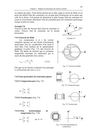 108
Chapitre 7 : Rappels de mécanique des milieux continus
ou origine des plans. Toute droite passant par le pôle coupe le cercle de Mohr en un
point qui définit l'état des contraintes sur un plan dont l'inclinaison est la même que
celle de la droite. Cela permet de déterminer le pôle lorsque l'état de contrainte est
connu et inversement, déterminer l'état de contrainte pour une orientation quelconque
lorsque le pôle est connu.
[kPa]
20° πh
2
2
10
Exemple 7.8
Trouver le pôle des facettes dans l'état de contrainte ci-
contre. Trouver 'état de contrainte sur la facette
horizontale.
7.5.4 Tricercle de Mohr Exemple 7.8
Les composantes σ et τ du vecteur
contrainte agissant sur une facette d’inclinaison
quelconque sont les coordonnées d’un point P
situé dans l’aire hachuré de la représentation
graphique ci-contre (Fig. 7.7), dite tricercle de
Mohr. On déduit du tricercle que la contrainte
tangentielle maximale est représentée par le
rayon du plus grand des trois cercles :
-τ
σ3
C
σ2
B
σ1
A
P(σ, τ)
σ
2
21
max
σ−σ
±=τ (7.21)
Fig. 7.7: Tricercle de Mohr
Elle agit sur les facettes contenant l’axe principal
x2 et bissectrice des axes x1 et x3.
7.5.5 Etats particuliers de contraintes planes
-τ
σ
σ1
σ
σ
-τ
σ
σ
σ
σ1= σ2 = σ
σ2
σ2σ2
σ
-τ
Fig. 7.9: Traction pure
σ1
σ1
Fig. 7.8: Compression pure
7.5.5.1 Compression pure (Fig. 7.8)





σ
=
00
01
σ
7.5.5.2 Traction pure (Fig. 7.9)






σ
=
20
00
σ
7.5.5.3 Etat hydrostatique de
compression (Fig. 7.10)
où σ > 0





σ
σ
=
0
0
σ
Fig. 7.10: Etat hydrostatique de
compression
 