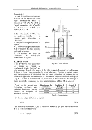 126
Chapitre 8 : Résistance des sols au cisaillement
Exemple 8.1
Un essai de cisaillement directe est
effectué sur un échantillon d’une
argile modérément dense de
cohésion c = 18 kPa. Au début de
l’essai, on avait σn = 65 kPa et K0
= ( σh / σv)au repos = 0,5. A la
rupture, τr = 41 kPa.
Pierre
pporeuse
1. Tracer les cercles de Mohr pour
les conditions initiales et à la
rupture, puis déterminer ϕ.
Déterminer :
2. Les contraintes principales à la
rupture.
3. L’orientation du plan de rupture.
4. L’orientation du plan principal
majeure à la rupture.
5. L’orientation du plan de
contraintes de cisaillement
maximales à la rupture.
8.3.2 Essai triaxial
Il est développer pour contourner
les limites de l’essai de
cisaillement directe. Quoi qu'il est
plus complexe, il est le plus approprié. En effet, on contrôle mieux les conditions de
drainage et il n’y a pas de rotation des plans principaux. De plus, le plan de rupture
peut être quelconque. L’échantillon étant de forme cylindrique, on suppose que les
contraintes appliquées aux extrémités de l’échantillon sont des contraintes principales
(Fig. 8.4). Selon le cheminement des contraintes et des conditions de drainage, il
existe trois modes opératoires que nous résumons dans le tableau 8.1 ci-dessous:
Fig. 8.4: Cellule triaxiale
L’essai triaxial permet une
évaluation meilleure des
variations de volume. Dans ce
contexte, on acceptera les
définition suivantes :
Cheminement des
contraintes
Conditions de
drainage
Symbole de
l’essai
Non consolidé Non drainé UU
Consolidé Non drainé CU
Consolidé Drainé CD
Tab. 8.1:Essais triaxiaux
. L’obliquité est par définition le rapport
τr / σr (8.5)
. La résistance mobilisable τm est la résistance maximale que peut offrir le matériau,
d’où le coefficient de sécurité :
fs = τm / τappliquée (8.6)
 