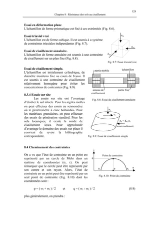 128
Chapitre 8 : Résistance des sols au cisaillement
Essai en déformation plane
L'échantillon de forme prismatique est fixé à ces extrémités (Fig. 8.6).
σyy
σzz
σxx
Essai triaxial vrai
L'échantillon est de forme cubique. Il est soumis à u système
de contraintes triaxiales indépendantes (Fig. 8.7).
Essai de cisaillement annulaire.
L'échantillon de forme annulaire est soumis à une contrainte
de cisaillement sur un plan fixe (Fig. 8.8).
Fig. 8.7: Essai triaxial vrai
Essai de cisaillement simple.
L'échantillon est initialement cylindrique, de
diamètre maintenu fixe au cours de l'essai. Il
est soumis à une contrainte de cisaillement
relativement homogène pour éviter les
concentrations de contraintes (Fig. 8.9).
échantillonpartie mobile
partie fixeanneau de
confinement
8.3.4 Essais sur site
Les essais sur site ont l’avantage
d’étudier le sol intacte. Pour les argiles molles
on peut effectuer des essais au scissomètre
où le pénétromètre à cône hollandais. Pour
les matériaux granulaires, on peut effectuer
des essais de pénétration standard. Pour les
sols loessiques, il existe la sonde de
cisaillement Iowa. Pour approfondir
d’avantage le domaine des essais sur place il
convient de revoir la bibliographie
correspondante.
Fig. 8.8: Essai de cisaillement annulaire
σh = K0 σv
(avant cisaillement)
τh
σv
Fig. 8.9: Essai de cisaillement simple
8.4 Cheminement des contraintes
Point de contrainte
σ1σ3 p
q
τ
σ
On a vu que l’état de contrainte en un point est
représenté par un cercle de Mohr dans un
système de coordonnées (σ, τ). On peut
remarquer que le cercle peut être représenté par
son centre et son rayon. Alors, l’état de
contrainte en un point peut être représenté par un
seul point de contrainte (Fig. 8.10) dont les
coordonnées sont :
Fig. 8.10: Point de contrainte
p = ( σ1 + σ3 ) / 2 et q = ( σ1 - σ3 ) / 2 (8.9)
plus généralement, on prendra :
 