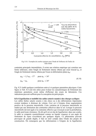 135
Eléments de Mécanique des Sols
Fig. 8.16: Exemples de courbes typiques pour l'étude de l'influence de l'indice de
vides initial
contrainte principale intermédiaire, il existe une relation empirique qui constitue une
limite inférieure, entre l'angle de frottement interne obtenu par essai triaxial φtx et
l'angle de frottement interne obtenu par l'essai en déformation plane φdp:
φdp = 1,5 φtx – 17° pour φtx > 34°
(8.14)
φdp = φtx pour φtx ≤ 34°
Fig. 8.21 établi quelques corrélations entre φ' et quelques paramètres physiques. Cette
figure et Tab. 8.4 sont très utiles pour évaluer les caractéristiques de frottement des
matériaux granulaires avant même d'effectuer des essais de laboratoire. Ces
indications peuvent suffirent pour la conception de petit projets.
8.5.4 Liquéfaction et mobilité des sables saturés soumis à des charges cycliques
Les sables lâches saturés soumis à des chocs ou à des déformations importantes
avaient tendance à diminuer de volume. Ceci est à l'origine d'une augmentation
positive de la pression interstitielle. Cette variation de la pression interstitielle se
traduit par une diminution des contraintes effectives dans le sol. Lorsque la pression
interstitielle devient égale à la contrainte effective qui s'exerçait avant la perturbation,
le sable perd toute résistance. On dit qu'il est en état de liquéfaction: dans une coulée,
le sable se comporte essentiellement comme un liquide visqueux et son angle de
frottement de repos n'excèderait pas quelques degrés. Ce phénomène pouvant
provoquer de grands dégâts, il faut en tenir compte dans l'étude des projets de
construction. On remarquera que les déformations à l'origine de la liquéfaction
 