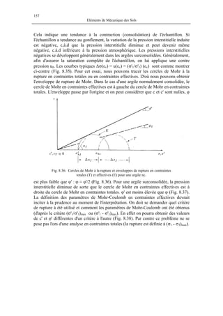 157
Eléments de Mécanique des Sols
Cela indique une tendance à la contraction (consolidation) de l'échantillon. Si
l'échantillon a tendance au gonflement, la variation de la pression interstitielle induite
est négative, c.à.d que la pression interstitielle diminue et peut devenir même
négative, c.à.d inférieure à la pression atmosphérique. Les pressions interstitielles
négatives se développent généralement dans les argiles surconsolidées. Généralement,
afin d'assurer la saturation complète de l'échantillon, on lui applique une contre
pression u0. Les courbes typiques ∆σ(εv) = u(εv) = (σ'1/σ'3) (εv) sont comme montrer
ci-contre (Fig. 8.35). Pour cet essai, nous pouvons tracer les cercles de Mohr à la
rupture en contraintes totales ou en contraintes effectives. D'où nous pouvons obtenir
l'enveloppe de rupture de Mohr. Dans le cas d'une argile normalement consolidée, le
cercle de Mohr en contraintes effectives est à gauche du cercle de Mohr en contraintes
totales. L'enveloppe passe par l'origine et on peut considérer que c et c' sont nulles, φ
est plus faible que φ' : φ ≈ φ'/2 (Fig. 8.36). Pour une argile surconsolidée, la pression
interstitielle diminue de sorte que le cercle de Mohr en contraintes effectives est à
droite du cercle de Mohr en contraintes totales. φ' est moins élevée que φ (Fig. 8.37).
La définition des paramètres de Mohr-Coulomb en contraintes effectives devrait
inciter à la prudence au moment de l'interprétation. On doit se demander quel critère
de rupture à été utilisé et comment les paramètres de Mohr-Coulomb ont été obtenus
(d'après le critère (σ'1/σ'3)max ou (σ'1 - σ'3)max). En effet on pourra obtenir des valeurs
de c' et φ' différentes d'un critère à l'autre (Fig. 8.38). Par contre ce problème ne se
pose pas l'ors d'une analyse en contraintes totales (la rupture est définie à (σ1 - σ3)max).
Fig. 8.36: Cercles de Mohr à la rupture et enveloppes de rupture en contraintes
totales (T) et effectives (E) pour une argile nc.
 