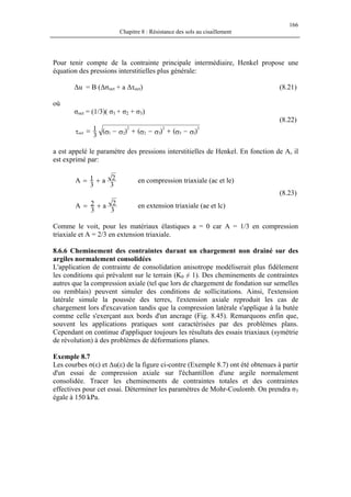 166
Chapitre 8 : Résistance des sols au cisaillement
Pour tenir compte de la contrainte principale intermédiaire, Henkel propose une
équation des pressions interstitielles plus générale:
∆u = B (∆σoct + a ∆τoct) (8.21)
où
σoct = (1/3)( σ1 + σ2 + σ3)
(8.22)
)()()(
3
1
13
2
32
2
21
2
oct σ−σ+σ−σ+σ−σ=τ
a est appelé le paramètre des pressions interstitielles de Henkel. En fonction de A, il
est exprimé par:
3
2a
3
1A += en compression triaxiale (ac et le)
(8.23)
3
2a
3
2A += en extension triaxiale (ae et lc)
Comme le voit, pour les matériaux élastiques a = 0 car A = 1/3 en compression
triaxiale et A = 2/3 en extension triaxiale.
8.6.6 Cheminement des contraintes durant un chargement non drainé sur des
argiles normalement consolidées
L'application de contrainte de consolidation anisotrope modéliserait plus fidèlement
les conditions qui prévalent sur le terrain (K0 ≠ 1). Des cheminements de contraintes
autres que la compression axiale (tel que lors de chargement de fondation sur semelles
ou remblais) peuvent simuler des conditions de sollicitations. Ainsi, l'extension
latérale simule la poussée des terres, l'extension axiale reproduit les cas de
chargement lors d'excavation tandis que la compression latérale s'applique à la butée
comme celle s'exerçant aux bords d'un ancrage (Fig. 8.45). Remarquons enfin que,
souvent les applications pratiques sont caractérisées par des problèmes plans.
Cependant on continue d'appliquer toujours les résultats des essais triaxiaux (symétrie
de révolution) à des problèmes de déformations planes.
Exemple 8.7
Les courbes σ(ε) et ∆u(ε) de la figure ci-contre (Exemple 8.7) ont été obtenues à partir
d'un essai de compression axiale sur l'échantillon d'une argile normalement
consolidée. Tracer les cheminements de contraintes totales et des contraintes
effectives pour cet essai. Déterminer les paramètres de Mohr-Coulomb. On prendra σ3
égale à 150 kPa.
 