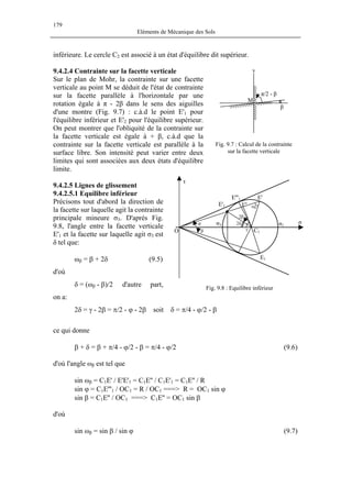 179
Eléments de Mécanique des Sols
inférieure. Le cercle C2 est associé à un état d'équilibre dit supérieur.
9.4.2.4 Contrainte sur la facette verticale
Sur le plan de Mohr, la contrainte sur une facette
verticale au point M se déduit de l'état de contrainte
sur la facette parallèle à l'horizontale par une
rotation égale à π - 2β dans le sens des aiguilles
d'une montre (Fig. 9.7) : c.à.d le point E'1 pour
l'équilibre inférieur et E'2 pour l'équilibre supérieur.
On peut montrer que l'obliquité de la contrainte sur
la facette verticale est égale à + β, c.à.d que la
contrainte sur la facette verticale est parallèle à la
surface libre. Son intensité peut varier entre deux
limites qui sont associées aux deux états d'équilibre
limite.
β
v
M
Fig. 9.7 : Calcul de la contrainte
sur la facette verticale
O
σφ
β
E'1
E'''1
E''
E1
C1
E'
σ1σ3
2β
2δ
γ
ωβ
τ
π/2 - β
9.4.2.5 Lignes de glissement
9.4.2.5.1 Equilibre inférieur
Précisons tout d'abord la direction de
la facette sur laquelle agit la contrainte
principale mineure σ3. D'après Fig.
9.8, l'angle entre la facette verticale
E'1 et la facette sur laquelle agit σ3 est
δ tel que:
ωβ = β + 2δ (9.5)
d'où
δ = (ωβ - β)/2 d'autre part,
on a:
Fig. 9.8 : Equilibre inférieur
2δ = γ - 2β = π/2 - ϕ - 2β soit δ = π/4 - ϕ/2 - β
ce qui donne
β + δ = β + π/4 - ϕ/2 - β = π/4 - ϕ/2 (9.6)
d'où l'angle ωβ est tel que
sin ωβ = C1E' / E'E'1 = C1E'' / C1E'1 = C1E'' / R
sin ϕ = C1E'''1 / OC1 = R / OC1 ===> R = OC1 sin ϕ
sin β = C1E'' / OC1 ===> C1E'' = OC1 sin β
d'où
sin ωβ = sin β / sin ϕ (9.7)
 