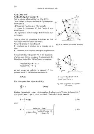 203
Eléments de Mécanique des Sols
9.5.2.2 Etat actif
Fig. 9.39 : Théorie de Coulomb. Etat actif
β
C
A
W
H
P
θ
α
δ φR
B H
9.5.2.2.1 Sol pulvérulent (c=0)
Soit le coin de sol caractérisé par (Fig. 9.39) :
. Une surface extérieure inclinée de β par rapport à
l’horizontale.
. L’écran fait l’angle α avec l’horizontale.
. Le plan de glissement BC fait l’angle θ avec
l’horizontale.
W : poids propre du massif de sol.
R : résultante de la réaction sur le plan de glisseme
Connaissant le poids propre W et les directions
d’action des forces, on dresse le diagramme de
l’équilibre limite (Fig. 9.40), d'où on montre que:
l'angle (W,P) = π – α – δ
P(W, θ)
Elle correspond donc à ( car W=W(θ))
. La rugosité du mur est l’angle de frottement mur-
sol notée δ.
Tout au début du glissement, le coin du sol était
sous l’équilibre des forces suivantes :
P : résultante de la réaction de la poussée sur le
mur.
nt.
γ
γ1
γ1
R
P
W
θ
π/2 - θ
φ
γ α
α1
α1
δ
écran
γ1 = π – [ (π/2 - θ) + (π/2 + φ) ] = θ – φ
l'angle (W,R) = θ – φ
ce qui permet de calculer la poussée P. La
poussée active Pa est la valeur maximum de
α 1 = π/2 – [ π - α ] = α - π/2
γ = π/2 – (δ+ α 1) = π – α - δ
Fig. 9.40 : Diagramme de l’équilibre
des forces
0P =
θ∂
∂ (9.55)
Ceci est équivalent à essayer plusieurs plans de glissement, d’évaluer à chaque fois P
et ne garder pour Pa que la valeur maximale. Tout calcul fait on abouti à
HK
2
1P 2
aa γ= (9.56)
avec










β−α
β−ϕδ+ϕ
+δ+α
αϕ−α
=
)sin(
)sin()sin(
)sin(
sin)sin(
K
2
a (9.57)
 