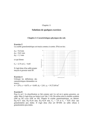 Chapitre 11
Solutions de quelques exercices
Chapitre 2: Caractéristiques physiques des sols
Exercice 2
La courbe granulométrique est tracée comme ci-contre. D'où on tire:
d10 = 0,4 mm
0,01 0,1 1 10
0
20
40
60
80
100
Pourcentagedepassantenmasse
Diamètre des grains [mm]
d30 = 0,61 mm
d60 = 1,1 mm
ce qui donne
Cu = 2,75 et Cc = 0,85
Il s'agit donc d'un sable propre
moyen et grossier noté SP.
Exercice 4
Utilisant les définitions des
caractéristiques demandées on
trouve:
w = 25%; e = 0,675; n = 0,403; dh = 2,01; γh = 19,72 kN/m3
Exercice 8
Pour le sol 1 la classification se fait comme suit: Le sol est à grains grossiers, un
sable. Mais il s'agit d'un cas limite (voir Tab. 2.10). On utilise alors le double symbole
(SM ou SC) avec (SW ou SP). D'après la courbe granulométrique, on obtient:
D60=0,71 mm; D30=0,34 mm; D10=0,18 mm, Cu = 3,9 et Cc = 0,91 d'où: une
granulométrie peu étalée. Il s'agit donc d'un sol SP-SM: un sable silteux à
granulométrie peu étalée.
 