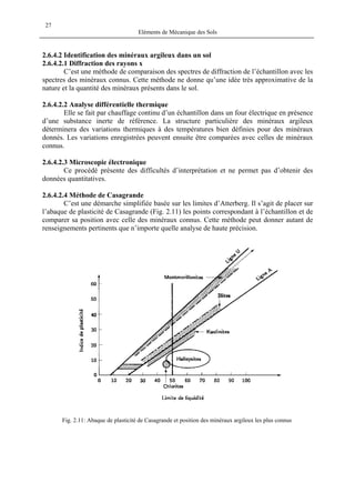 Eléments de Mécanique des Sols
27
2.6.4.2 Identification des minéraux argileux dans un sol
2.6.4.2.1 Diffraction des rayons x
C’est une méthode de comparaison des spectres de diffraction de l’échantillon avec les
spectres des minéraux connus. Cette méthode ne donne qu’une idée très approximative de la
nature et la quantité des minéraux présents dans le sol.
2.6.4.2.2 Analyse différentielle thermique
Elle se fait par chauffage continu d’un échantillon dans un four électrique en présence
d’une substance inerte de référence. La structure particulière des minéraux argileux
déterminera des variations thermiques à des températures bien définies pour des minéraux
donnés. Les variations enregistrées peuvent ensuite être comparées avec celles de minéraux
connus.
2.6.4.2.3 Microscopie électronique
Ce procédé présente des difficultés d’interprétation et ne permet pas d’obtenir des
données quantitatives.
2.6.4.2.4 Méthode de Casagrande
C’est une démarche simplifiée basée sur les limites d’Atterberg. Il s’agit de placer sur
l’abaque de plasticité de Casagrande (Fig. 2.11) les points correspondant à l’échantillon et de
comparer sa position avec celle des minéraux connus. Cette méthode peut donner autant de
renseignements pertinents que n’importe quelle analyse de haute précision.
Fig. 2.11: Abaque de plasticité de Casagrande et position des minéraux argileux les plus connus
 