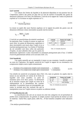 Chapitre 2: Caractéristiques physiques des sols
28
2.6.5 Activité
Les valeurs des limites de liquidité et de plasticité dépendent en tout premier lieu de
l’importance relative des grains les plus fins au sein du mortier (l’ensemble des grains de
dimension inférieure à 0,4 mm). Par définition, l’activité est le rapport de l’indice de plasticité
exprimé en % à la teneur en argile exprimée en % :
ileuseargfraction
IA P
= (2.25)
La teneur en argile dite aussi fraction argileuse est le rapport du poids des grains secs de
dimension inférieure à deux micromètre au poids total du mortier :
t
arg
M
)m2(M
T
µ<Φ
= (2.26)
L’activité est caractéristique du minéral constituant
les particules fines. Lorsque la teneur en argile est
assez forte, les grains de dimensions supérieures à
deux micromètres sont noyés dans l’argile et ne se
touchent pratiquement pas. Les limites d’Atterberg
du sol considéré sont donc celles des particules
d’argiles, on peut admettre donc que les grains de
dimensions supérieures à deux micromètre ne retiennent pratiquement plus d’eau. L’échelle
d’activité généralement utilisée est la suivante (Tab. 2.5).
Activité Nature de l’argile
< 0,75 Inactive
[0,75 – 1,25] Normale
> 1,25 active
Tab. 2.5: Echelle d'activité
2.6.6 Sensitivité
Une argile naturelle qui est manipulée à teneur en eau constante s’amollit en général
au cours de l’opération. On appelle sensitivité de l’argile le rapport de ses résistances à la
compression simple avant et après remaniement.
)remaniée(τ
)acte(intτ
tremaniemenaprèssimplencompressiolaàcetanrésis
tremaniemenavantsimplencompressiolaàcetanrésis
S
r
r
t == (2.27)
Une échelle de sensitivité est proposée dans (Tab. 2.6), mais en général, les argiles dont la
teneur en eau naturelle est voisine de la limite de
liquidité sont assez sensibles. La perte de
résistance peut avoir deux causes : la destruction
de la structure acquise par l’argile au cours de la
sédimentation ou la perturbation des couches
adsorbées. La première cause est irrécupérable, par
contre la seconde peut être restituée dès que la
manipulation cesse car l’argile retrouve en partie sa cohésion initiale.
Sensitivité Nature de l’argile
[2 – 4] Normale
]4 - 8] Sensible
> 8 Très sensible
Tab. 2.6: Echelle de sensitivité
2.7 Classification des sols
La classification des sols est un moyen de créer des catégories de sol permettant de
prédire leurs comportements. En général, le simple examen visuel permet de donner un nom
au matériau : marne bleu, argile jaune, sable fin,…Il faut toutefois compléter cette indication
par :
. Une analyse granulométrique.
 