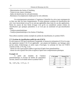 Eléments de Mécanique des Sols
29
. Détermination des limites d’Atterberg.
. Teneur en eau, masse volumique.
. Indice de densité pour les sols pulvérulents.
. Résistance à la compression simple pour les sols cohérents.
Ces renseignements permettent à l’ingénieur d’identifier les sols et par conséquent de
se faire une idée sur leurs comportements. Il existe plusieurs systèmes de classification des
sols. Leur inconvénient est qu’ils ne sont pas applicables dans touts les cas des applications.
Parmi les causes de leur limite d’usage c’est qu’ils ne considèrent comme critères de
classification que quelques paramètres si ce n’est pas un seulement tel que classification
selon:
. l’analyse granulométrique.
. l’analyse granulométrique et les limites d’Atterberg.
Nous allons examiner comme exemple de système de classification, le système USCS.
2.7.1 Système de classification unifié des sols (USCS)
Il a été conçu en 1952 par le professeur Casagrande, le bureau de réclamation (U.S) et le corps
des ingénieurs (armée U.S). Il est applicable : aux projets de fondation, aux barrages ainsi
qu’aux pistes d’atterrissage et autres types d’ouvrages. Le principe de base de l’USCS
consiste à (Tab. 2.7-9, Fig. 2.12):
. classer les sols à gros grains (sables et graviers) d’après leurs granulométries.
. classer les sols à grains fins (silts et argiles) d’après leurs comportements plastiques.
Exemple 2.4
A partir des résultats de l’analyse
granulométrique et d’essais de limites de consistance
suivant, classer le sol étudié selon le système USCS.
n° de tamis Passant [%]
4 99
10 92
40 86
100 78
200 60
WL = 20 %, WP = 15 %, IP = 5
Exemple 2.4
 