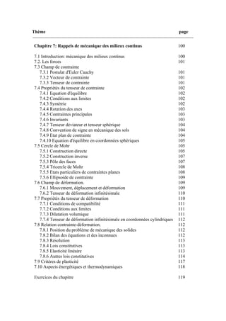 Thème page
Chapitre 7: Rappels de mécanique des milieux continus 100
7.1 Introduction: mécanique des milieux continus 100
7.2. Les forces 101
7.3 Champ de contrainte
7.3.1 Postulat d'Euler Cauchy 101
7.3.2 Vecteur de contrainte 101
7.3.3 Tenseur de contrainte 101
7.4 Propriétés du tenseur de contrainte 102
7.4.1 Equation d'équilibre 102
7.4.2 Conditions aux limites 102
7.4.3 Symétrie 102
7.4.4 Rotation des axes 103
7.4.5 Contraintes principales 103
7.4.6 Invariants 103
7.4.7 Tenseur déviateur et tenseur sphérique 104
7.4.8 Convention de signe en mécanique des sols 104
7.4.9 Etat plan de contrainte 104
7.4.10 Equation d'équilibre en coordonnées sphériques 105
7.5 Cercle de Mohr 105
7.5.1 Construction directe 105
7.5.2 Construction inverse 107
7.5.3 Pôle des faces 107
7.5.4 Tricercle de Mohr 108
7.5.5 Etats particuliers de contraintes planes 108
7.5.6 Ellipsoide de contrainte 109
7.6 Champ de déformation. 109
7.6.1 Mouvement, déplacement et déformation 109
7.6.2 Tenseur de déformation infinitésimale 110
7.7 Propriétés du tenseur de déformation 110
7.7.1 Conditions de compatibilité 111
7.7.2 Conditions aux limites 111
7.7.3 Dilatation volumique 111
7.7.4 Tenseur de déformation infinitésimale en coordonnées cylindriques 112
7.8 Relation contrainte-déformation. 112
7.8.1 Position du problème de mécanique des solides 112
7.8.2 Bilan des équations et des inconnues 112
7.8.3 Résolution 113
7.8.4 Lois constitutives 113
7.8.5 Elasticité linéaire 113
7.8.6 Autres lois constitutives 114
7.9 Critères de plasticité 117
7.10 Aspects énergétiques et thermodynamiques 118
Exercices du chapitre 119
 