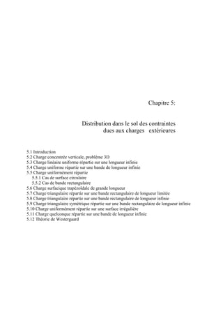 Chapitre 5:
Distribution dans le sol des contraintes
dues aux charges extérieures
5.1 Introduction
5.2 Charge concentrée verticale, problème 3D
5.3 Charge linéaire uniforme répartie sur une longueur infinie
5.4 Charge uniforme répartie sur une bande de longueur infinie
5.5 Charge uniformément répartie
5.5.1 Cas de surface circulaire
5.5.2 Cas de bande rectangulaire
5.6 Charge surfacique trapézoïdale de grande longueur
5.7 Charge triangulaire répartie sur une bande rectangulaire de longueur limitée
5.8 Charge triangulaire répartie sur une bande rectangulaire de longueur infinie
5.9 Charge triangulaire symétrique répartie sur une bande rectangulaire de longueur infinie
5.10 Charge uniformément répartie sur une surface irrégulière
5.11 Charge quelconque répartie sur une bande de longueur infinie
5.12 Théorie de Westergaard
 