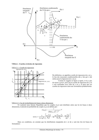 Eléments d'Hydrologie de Surface - 95 -
Distribution conditionnelle
des X liés par y
Y
X
f(y)
f(x)
Distribution
marginale des X
Distribution
conditionnelle des
Y liés par x
Distribution
marginale
des Y
f(yx )
f(xy )
x x+dx
VIII.6.2. - Courbes et droites de régression
VIII.6.2.1 - Courbe de régression
regression de x en y
régression de y en x
Y
X
y
xi
y
i
xyi
xi
Par définition, on appellera courbe de régression de y en x,
le lieu des moyennes conditionnelles des y liés par x (de
même pour la régression de x en y).
Comme le suggère la figure ci-après, il n'y a pas
de raison a priori, pour que la courbe de régression de y en
x soit confondue avec celle de x en y, ni pour que ces
courbes de régression aient une formulation prédéterminée
VIII.6.2.2 - Cas de la distribution de Gauss à deux dimensions
Si à présent nous faisons l'hypothèse que les couples (x,y) sont distribués selon une loi de Gauss à deux
dimensions, la densité de probabilité du couple (x,y) est définie par :
f (x,y) =
2
12
1
ryx −Π σσ
e -z
avex z =
1
2 (1-ρ2) 




(x-x
---
)2
σx2
- 2ρ
(x-x
---
) (y-y
---
)
σx σy
+
(y-y
---
)2
σy2
Dans ces conditions, on constate que les distributions marginales de x et de y sont des lois de Gauss de
formulation :
 