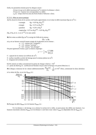 Eléments d'Hydrologie de Surface - 184 -
Enfin, les paramètres donnés pour les abaques seront :
. Q max (x) qui est le débit maximum (m3/s) atteint à la distance x (km) ;
. H max (x) : hauteur (m) correspondant à ce débit ;
. ta (x) : temps d'arrivée (mn) du front d'onde à l'abscisse x (km).
X.7.5.3 - Mise en oeuvre pratique
A) On choisit la forme de la section aval la plus approchante et on évalue le débit maximum Qb (en m3/s) :
- rectangle Qb = 0,93 Bo (Ho)3/2
- triangle Qb = 0,72 m (Ho)5/2
- parabole Qb = 0,54 υ (Ho)2
- trapèzeQb = 0,72 m (Ho)5/2 + 0,93 Bo (Ho)3/2
(Bo et Ho en m ; υ en m1/2 et m sans unité)
B) On évalue un débit Q'b (m3/s) corrigé de l'effet de la retenue :
Q'b = µ Qb
où µ est un facteur correctif tenant compte de la géométrie de la retenue :
. µ = 1,2 : retenue très compacte ;
. µ = 1,0 : retenue normale ;
. µ = 0,8 : retenue très allongée.
On peut également évaluer µ par la relation empirique :
µ = 1 +
2
1
log
L)H(S
1000*C
o
C : capacité de la retenue (en millions de m3)
S : surface mouillée au droit du barrage pour la retenue pleine (en m2)
L : longueur de la retenue en km
C) On calcule un indice caractérisant les pertes de charges relatives : I K2
( I : pente du thalweg, K : coefficient de Strickler moyen entre le barrage et le point d'abscisse x)
D) L'abaque ci-dessous lie les valeurs addimensionnelles
'b
max
'Q
)x(Q
, 3
C
x
et I K2. Donc, connaissant les deux dernières
et la valeur de Q'b', on en tire Qmax (x) :
0,3 0,4 0,5 1 2 3 4 5 10
0,03
0,04
0,05
0,1
0,2
0,3
0,4
0,5
1
I K = 102
I K = 22
I K = 1,52
I K =0,52
I K = 0,12
Qmax (x)
Q'b
x
3
C
E) Passage du débit Qmax (x) à la hauteur Hmax (x) :
Si à la distance x du barrage on se donne la section de la vallée, on peut passer des débits aux hauteurs. Les
hauteurs maximales atteintes Hmax (x) à la distance x sont liées à une valeur Umax (x) dépendant elle de Dmax (x) :
 