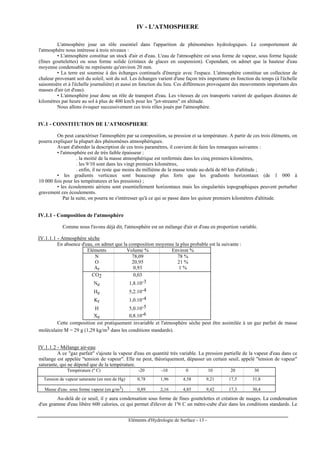 Eléments d'Hydrologie de Surface - 13 -
IV - L'ATMOSPHERE
L'atmosphère joue un rôle essentiel dans l'apparition de phénomènes hydrologiques. Le comportement de
l'atmosphère nous intéresse à trois niveaux :
• L'atmosphère constitue un stock d'air et d'eau. L'eau de l'atmosphère est sous forme de vapeur, sous forme liquide
(fines gouttelettes) ou sous forme solide (cristaux de glaces en suspension). Cependant, on admet que la hauteur d'eau
moyenne condensable ne représente qu'environ 20 mm.
• La terre est soumise à des échanges continuels d'énergie avec l'espace. L'atmosphère constitue un collecteur de
chaleur provenant soit du soleil, soit du sol. Les échanges varient d'une façon très importante en fonction du temps (à l'échelle
saisonnière et à l'échelle journalière) et aussi en fonction du lieu. Ces différences provoquent des mouvements importants des
masses d'air (et d'eau).
• L'atmosphère joue donc un rôle de transport d'eau. Les vitesses de ces transports varient de quelques dizaines de
kilomètres par heure au sol à plus de 400 km/h pour les "jet-streams" en altitude.
Nous allons évoquer successivement ces trois rôles joués par l'atmosphère.
IV.1 - CONSTITUTION DE L'ATMOSPHERE
On peut caractériser l'atmosphère par sa composition, sa pression et sa température. A partir de ces trois éléments, on
pourra expliquer la plupart des phénomènes atmosphériques.
Avant d'aborder la description de ces trois paramètres, il convient de faire les remarques suivantes :
• l'atmosphère est de très faible épaisseur :
. la moitié de la masse atmosphérique est renfermée dans les cinq premiers kilomètres,
. les 9/10 sont dans les vingt premiers kilomètres,
. enfin, il ne reste que moins du millième de la masse totale au-delà de 60 km d'altitude ;
• les gradients verticaux sont beaucoup plus forts que les gradients horizontaux (de 1 000 à
10 000 fois pour les températures et les pressions) ;
• les écoulements aériens sont essentiellement horizontaux mais les singularités topographiques peuvent perturber
gravement ces écoulements.
Par la suite, on pourra ne s'intéresser qu'à ce qui se passe dans les quinze premiers kilomètres d'altitude.
IV.1.1 - Composition de l'atmosphère
Comme nous l'avons déjà dit, l'atmosphère est un mélange d'air et d'eau en proportion variable.
IV.1.1.1 - Atmosphère sèche
En absence d'eau, on admet que la composition moyenne la plus probable est la suivante :
Eléments Volume % Environ %
N 78,09 78 %
O 20,95 21 %
Ar 0,93 1 %
CO2 0,03
Ne 1,8.10-3
He 5,2.10-4
Kr 1,0.10-4
H 5,0.10-5
Xe 0,8.10-6
Cette composition est pratiquement invariable et l'atmosphère sèche peut être assimilée à un gaz parfait de masse
moléculaire M = 29 g (1,29 kg/m3 dans les conditions standards).
IV.1.1.2 - Mélange air-eau
A ce "gaz parfait" s'ajoute la vapeur d'eau en quantité très variable. La pression partielle de la vapeur d'eau dans ce
mélange est appelée "tension de vapeur". Elle ne peut, théoriquement, dépasser un certain seuil, appelé "tension de vapeur"
saturante, qui ne dépend que de la température.
Température (º C) -20 -10 0 10 20 30
Tension de vapeur saturante (en mm de Hg) 0,78 1,96 4,58 9,21 17,5 31,8
Masse d'eau sous forme vapeur (en g/m3) 0,89 2,16 4,85 9,42 17,3 30,4
Au-delà de ce seuil, il y aura condensation sous forme de fines gouttelettes et création de nuages. La condensation
d'un gramme d'eau libère 600 calories, ce qui permet d'élever de 1º6 C un mètre-cube d'air dans les conditions standards. Le
 