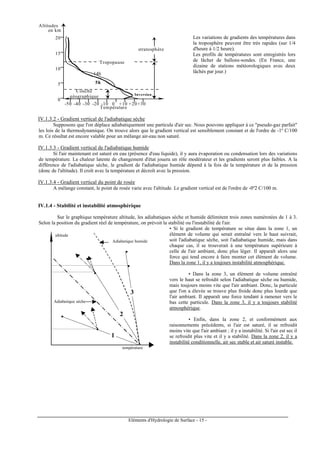 Eléments d'Hydrologie de Surface - 15 -
Altitudes
en km
0
5
10
15
20
Couche
géographique
Tropopause
stratosphère
-50 -40 -30 -20 -10 0 +10 +20+30
Inversion
Température
5h
14h
Les variations de gradients des températures dans
la troposphère peuvent être très rapides (sur 1/4
d'heure à 1/2 heure).
Les profils de températures sont enregistrés lors
de lâcher de ballons-sondes. (En France, une
dizaine de stations météorologiques avec deux
lâchés par jour.)
IV.1.3.2 - Gradient vertical de l'adiabatique sèche
Supposons que l'on déplace adiabatiquement une particule d'air sec. Nous pouvons appliquer à ce "pseudo-gaz parfait"
les lois de la thermodynamique. On trouve alors que le gradient vertical est sensiblement constant et de l'ordre de -1º C/100
m. Ce résultat est encore valable pour un mélange air-eau non saturé.
IV.1.3.3 - Gradient vertical de l'adiabatique humide
Si l'air maintenant est saturé en eau (présence d'eau liquide), il y aura évaporation ou condensation lors des variations
de température. La chaleur latente de changement d'état jouera un rôle modérateur et les gradients seront plus faibles. A la
différence de l'adiabatique sèche, le gradient de l'adiabatique humide dépend à la fois de la température et de la pression
(donc de l'altitude). Il croît avec la température et décroît avec la pression.
IV.1.3.4 - Gradient vertical du point de rosée
A mélange constant, le point de rosée varie avec l'altitude. Le gradient vertical est de l'ordre de -0º2 C/100 m.
IV.1.4 - Stabilité et instabilité atmosphérique
Sur le graphique température altitude, les adiabatiques sèche et humide délimitent trois zones numérotées de 1 à 3.
Selon la position du gradient réel de température, on prévoit la stabilité ou l'instabilité de l'air.
•
•
•
•
•
•
altitude
1
3
2
température
Adiabatique sèche
Adiabatique humide
• Si le gradient de température se situe dans la zone 1, un
élément de volume qui serait entraîné vers le haut suivrait,
soit l'adiabatique sèche, soit l'adiabatique humide, mais dans
chaque cas, il se trouverait à une température supérieure à
celle de l'air ambiant, donc plus léger. Il apparaît alors une
force qui tend encore à faire monter cet élément de volume.
Dans la zone 1, il y a toujours instabilité atmosphérique.
• Dans la zone 3, un élément de volume entraîné
vers le haut se refroidit selon l'adiabatique sèche ou humide,
mais toujours moins vite que l'air ambiant. Donc, la particule
que l'on a élevée se trouve plus froide donc plus lourde que
l'air ambiant. Il apparaît une force tendant à ramener vers le
bas cette particule. Dans la zone 3, il y a toujours stabilité
atmosphérique.
• Enfin, dans la zone 2, et conformément aux
raisonnements précédents, si l'air est saturé, il se refroidit
moins vite que l'air ambiant ; il y a instabilité. Si l'air est sec il
se refroidit plus vite et il y a stabilité. Dans la zone 2, il y a
instabilité conditionnelle, air sec stable et air saturé instable.
 
