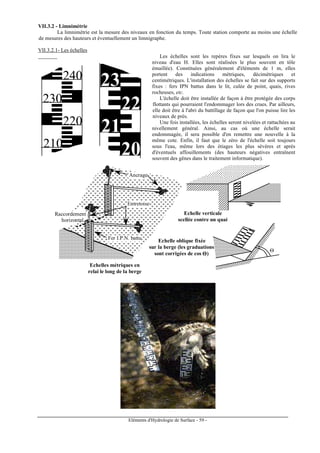 Eléments d'Hydrologie de Surface - 59 -
VII.3.2 - Limnimétrie
La limnimétrie est la mesure des niveaux en fonction du temps. Toute station comporte au moins une échelle
de mesures des hauteurs et éventuellement un limnigraphe.
VII.3.2.1- Les échelles
220
230
240
210
21
22
23
20
Les échelles sont les repères fixes sur lesquels on lira le
niveau d'eau H. Elles sont réalisées le plus souvent en tôle
émaillée). Constituées généralement d'éléments de 1 m, elles
portent des indications métriques, décimétriques et
centimétriques. L'installation des échelles se fait sur des supports
fixes : fers IPN battus dans le lit, culée de point, quais, rives
rocheuses, etc.
L'échelle doit être installée de façon à être protégée des corps
flottants qui pourraient l'endommager lors des crues. Par ailleurs,
elle doit être à l'abri du battillage de façon que l'on puisse lire les
niveaux de près.
Une fois installées, les échelles seront nivelées et rattachées au
nivellement général. Ainsi, au cas où une échelle serait
endommagée, il sera possible d'en remettre une nouvelle à la
même cote. Enfin, il faut que le zéro de l'échelle soit toujours
sous l'eau, même lors des étiages les plus sévères et après
d'éventuels affouillements (des hauteurs négatives entraînent
souvent des gênes dans le traitement informatique).
Ancrage
Entretoise
Fer I.P.N. battu
Raccordement
horizontal
Echelles métriques en
relai le long de la berge
Echelle oblique fixée
sur la berge (les graduations
sont corrigées de cos )ΘΘΘΘ
Echelle verticale
scellée contre un quai
Θ
 