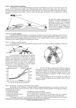 Eléments d'Hydrologie de Surface - 66 -
VII.6.3 - Télétransmission satellitaire
Actuellement, ce mode de télétransmission est celui qui se développe et qui paraît avoir le plus bel avenir. Les
raisons en sont relativement simples. Cette télétransmission utilise elle-aussi les ondes radio, mais celles-ci ne
traversent les couches denses de l'atmosphère que sur leur épaisseur. Les risques de perturbation sont donc plus réduits,
les puissances d'émission plus faibles ; enfin, le relief n'est plus guère un obstacle. Ceci est illustré par le schéma
suivant.
Relais embarqué
Relais au sol
Récepteur
Emetteur
Perturbation
En 1987, deux systèmes principaux sont
utilisables. Le premier, MÉTÉOSAT, est
typique de ce qu'est et sera l'utilisation
d'un satellite géostationnaire. Le second,
ARGOS, présente les avantages et les
inconvénients du satellite à défilement.
Voyons en plus en détails les caractères
particuliers de chacun.
VII.6.3.1 - Le système ARGOS
Le système ARGOS de localisation et transmission de données est le fruit d'une collaboration entre le Centre
National d'Étude Spatiale (CNES, France), la National Aéronautique and Space Administration (NASA, U.S.A.) et la
National Oceanic and Atmospheric Administration (NOAA, U.S.A.). Jusqu'en 1990 au moins, le système ARGOS sera
embarqué sur deux satellites TIROS-N simultanément en orbite.
VII.6.3.1.1 Orbites et zones de visibilité
Les satellites ont des orbites quasi-polaires (inclinées de 88,7° par rapport au plan de l'équateur) et sont à des
altitudes de 830 et 870 km.
5°
5°
5 000 km
Les caractéristiques sont telles que leur période
est de 101 mn, soit environ 14 orbites par jour. Ainsi, les
satellites sont héliosynchrones c'est-à-dire que chaque
satellite coupe chaque jour, à la même heure, le plan de
l'équateur à la verticale d'un même point. Le satellite ne
voit les plates-formes que pour un site minimum de
réception de 5°. Ainsi à tout instant, la zone de visibilité
au sol est un cercle de 5 000 km de diamètre.
Satellite 1
Satellite 2
Equateur
Pôle
0
10
20
30
40
0° 10° 20° 30° 40° 50° 60° 70° 80° 90°
0
100
200
300
400
Nombre minimum de
passages par jour
Durée cumulée de
visibilité en mn/j
D
urée
N
om
bre
Latitude
Du fait de la légère inclinaison des orbites par rapport à
l'axe polaire, les zones de visibilité à différents instants engendrent
un ruban de 5 000 km de large qui s'enroule autour de la terre en
passant par les pôles et en se décalant à chaque tour de 25° vers
l'Ouest, soit de 2 800 km à l'équateur. La figure ci-dessu illustre
ces orbites successives.
Ainsi, le nombre de fois où un satellite est visible et la
durée de visibilité ne dépend que de la latitude comme le montre
la figure ci-contre.
VII.6.3.1.2 Message : son émission et sa réception par le satellite
Du point de vue de l'utilisateur, le message ARGOS comprend l'identification de la station sur 20 bits et un
message libre de 256 bits. Ceci est très court. Ainsi, le système CHLOE.D permet d'émettre un message qui comporte
les renseignements suivants :
- le numéro du message,
- la tension de la batterie,
- la tension des panneaux solaires,
- la température de l'eau,
- la température interne de la cabine,
- l'état de remplissage de la cartouche EPROM,
- les 15 hauteurs d'eau enregistrées à la demi-heure juste qui a précédé
l'élaboration du message et aux 14 demi-heures justes qui la précédaient.
Un message couvre ainsi 7 h d'observations et les satellites sont visibles au moins 6 fois par jour. Ceci n'est pas
un luxe car on n'est pas assuré qu'à chaque passage le message sera reçu correctement.
 