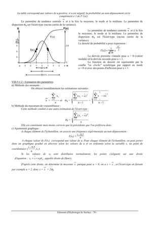 Eléments d'Hydrologie de Surface - 78 -
La table correspond aux valeurs de u positive, si u est négatif, la probabilité au non-dépassement est le
complément à 1 de F (|u|).
Le paramètre de tendance centrale x
---
et à la fois la moyenne, le mode et la médiane. Le paramètre de
dispersion σx est l'écart-type (racine carrée de la variance).
0
0,
0,
0,
-4 -3 -2 -1 0 1 2 3 4
0
0,5
1
f( F(x)
95
68 %
99,9 %
f(x)
F(x)
u
1
2π
Le paramètre de tendance centrale x
---
et à la fois
la moyenne, le mode et la médiane. Le paramètre de
dispersion σx est l'écart-type (racine carrée de la
variance).
La densité de probabilité a pour expression :
f u( ) =
1
2π
e
−
u2
2
La dérivée première s'annule pour u = 0 (valeur
modale) et la dérivée seconde pour u ± 1.
La fonction de densité est représentée par la
courbe "en cloche" symétrique par rapport au mode
u = 0 et avec des points d'inflexion pour u ± 1.
VIII.5.1.2 - Estimation des paramètres
α) Méthode des moments :
On obtient immédiatement les estimations suivantes :
x
---
=
n
xi
n
1i
∑=
et σx =
1n
)xx( 2
n
1i
i
−
−∑=
=
1n
xnx
2
2
i
n
1i
−
−∑=
b) Méthode du maximum de vraisemblance :
Cette méthode conduit à une autre estimation de l'écart-type :
σx =
n
)xx( 2
n
1i
i −∑=
Elle est consistante mais moins correcte que la précédente que l'on préférera donc.
c) Ajustement graphique :
A chaque élément de l'échantillon, on associe une fréquence expérimentale au non-dépassement :
F(xi) =
i - 0,5
n
A chaque valeur de F(xi) correspond une valeur de u. Pour chaque élément de l'échantillon, on peut porter
dans un graphique gradué en abscisse selon les valeurs de u et en ordonnée selon la variable x, un point de
coordonnées )x,
n
0.5i
( i
−
.
Si les valeurs de xi sont distribuées normalement, les points s'alignent sur une droite
d'équation : xii uxx σ+= , appelée droite de Henry.
D'après cette droite, on détermine la moyenne x
---
puisque pour u = 0, on a x = x
---
, et l'écart-type en faisant
par exemple u = 2, donc x = x
---
+ 2σx.
 