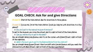 GOAL CHECK: Ask for and give Directions
StudentA:Startatthetrainstation.Askfordirectionstothreeplaces.
Student A: Excuse me, I’m at the train station. Could you help me with directions to a few
places?
HowdoIgettothenearestmuseumfromhere?
Togettothemuseum,youcrossthestreet,andit’srightinfrontofthetrainstation.
Canyoutellmehowtogettothebank?
You go straight along Long Avenue, and it’s on the corner with Grand Street, right in front
ofthenightclub.
What’sthebestwaytogettotheDiamondHotelfromthisstation?
You go straight along Queen Street, then turn left onto Lincoln Avenue until you reach the
intersectionwithMainStreet,rightinfrontoftheAcesupermarket.
 