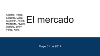 El mercado
Mayo 31 de 2017
- Atuesta, Pedro.
- Caicedo, Luisa.
- Gualdrón, Astrid.
- Mendoza, Alvaro.
- Otálora, Emily.
- Vélez, Karla.
 