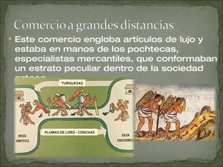 Este comercio engloba artículos de lujo y estaba en manos de los pochtecas, especialistas mercantiles, que conformaban un estrato peculiar dentro de la sociedad azteca. PLUMAS DE LORO - CONCHAS TURQUESAS 