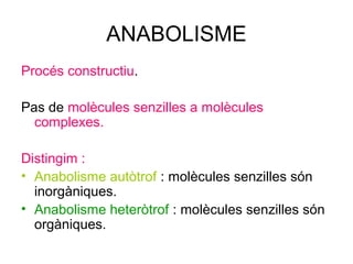 ANABOLISME
Procés constructiu.
Pas de molècules senzilles a molècules
complexes.
Distingim :
• Anabolisme autòtrof : molècules senzilles són
inorgàniques.
• Anabolisme heteròtrof : molècules senzilles són
orgàniques.
 