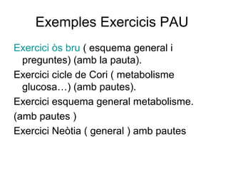 Exemples Exercicis PAU
Exercici òs bru ( esquema general i
preguntes) (amb la pauta).
Exercici cicle de Cori ( metabolisme
glucosa…) (amb pautes).
Exercici esquema general metabolisme.
(amb pautes )
Exercici Neòtia ( general ) amb pautes
 