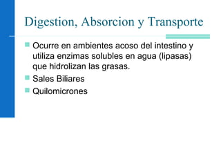 Digestion, Absorcion y Transporte
 Ocurre en ambientes acoso del intestino y
utiliza enzimas solubles en agua (lipasas)
que hidrolizan las grasas.
 Sales Biliares
 Quilomicrones
 