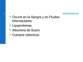  Ocurre en la Sangre y en Fluidos
Intercelulares:
 Lipoproteinas
 Albumina de Suero
 Cuerpos cetonicos.
 