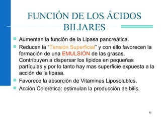 63
FUNCIÓN DE LOS ÁCIDOS
BILIARES
 Aumentan la función de la Lipasa pancreática.
 Reducen la “Tensión Superficial” y con ello favorecen la
formación de una EMULSIÓN de las grasas.
Contribuyen a dispersar los lípidos en pequeñas
partículas y por lo tanto hay mas superficie expuesta a la
acción de la lipasa.
 Favorece la absorción de Vitaminas Liposolubles.
 Acción Colerética: estimulan la producción de bilis.
 