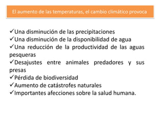 El aumento de las temperaturas, el cambio climático provoca
Una disminución de las precipitaciones
Una disminución de la disponibilidad de agua
Una reducción de la productividad de las aguas
pesqueras
Desajustes entre animales predadores y sus
presas
Pérdida de biodiversidad
Aumento de catástrofes naturales
Importantes afecciones sobre la salud humana.
 