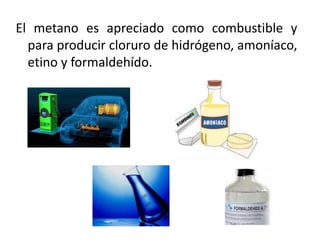 El metano es apreciado como combustible y
para producir cloruro de hidrógeno, amoníaco,
etino y formaldehído.
 