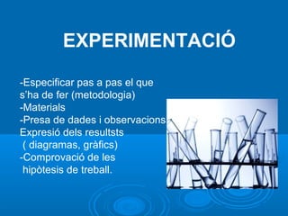 EXPERIMENTACIÓ
-Especificar pas a pas el que
s’ha de fer (metodologia)
-Materials
-Presa de dades i observacions
Expresió dels resultsts
( diagramas, gràfics)
-Comprovació de les
hipòtesis de treball.
 