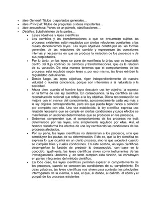  Idea General: Títulos o apartados generales…
 Idea Principal: Títulos de preguntas o ideas importantes…
 Idea secundaria: Partes de un párrafo, clasificaciones…
 Detalles: Subdivisiones de la partes…
 Leyes objetivas y leyes científicas
 Los cambios y las transformaciones a que se encuentran sujetos los
procesos existentes están regulados por ciertas relaciones constantes a las
cuales denominamos leyes. Las leyes objetivas constituyen así las formas
generales de las relaciones de cambio y representan las conexiones
internas y necesarias en que se produce la variación de los procesos y de
sus propiedades.
 Por lo tanto, en las leyes se pone de manifiesto lo único que es invariable
dentro del flujo continuo de cambios y transformaciones, que es la relación
de su variación. De esta manera tenemos que el comportamiento de los
procesos está regulado según leyes y, por eso mismo, las leyes exhiben la
regularidad del universo.
 Desde luego, las leyes objetivas, rigen independientemente de nuestra
voluntad o nuestra conciencia, porque son inherentes a la naturaleza y la
sociedad.
 Ahora bien, cuando el hombre logra descubrir una ley objetiva, la expresa
en la forma de una ley científica. En consecuencia, la ley científica es una
reconstrucción racional que refleja a la ley objetiva. Dicha reconstrucción se
mejora con el avance del conocimiento, aproximadamente cada vez más a
la ley objetiva correspondiente, pero sin que pueda llegar nunca a coincidir
por completo con ella. Una vez establecida, la ley científica expresa una
relación necesaria que se cumple en ciertas condiciones y cuyos efectos se
manifiestan en acciones determinadas que se producen en los procesos.
 Debemos comprender que, el comportamiento de los procesos no está
determinado por las leyes, sino simplemente regulado por ellas. Así, el
hombre transforma los efectos de una ley cambiando las condiciones de los
procesos afectados.
 Por su parte, las leyes científicas no determinan a los procesos, sino que
constituyen las pautas de su determinación. Esto es, que la ley científica no
expresa lo que ocurrirá en un cierto proceso, sino lo que sucederá cuando
se cumplan tales y cuales condiciones. En este sentido, las leyes científicas
desempeñan la función de predecir lo desconocido, con base en lo
conocido. Igualmente, las leyes científicas sirven como instrumentos de las
investigaciones ulteriores y, en tanto cumplen esta función, se constituyen
en partes integrantes del método científico.
 En todo caso, las leyes científicas permiten explicar el comportamiento de
los procesos, cuando se conocen las condiciones de su cumplimiento. En
otras palabras, las leyes científicas nos sirven para contestar los principales
interrogantes de la ciencia, o sea, el qué, el dónde, el cuándo, el cómo y el
porqué de los procesos existentes
 