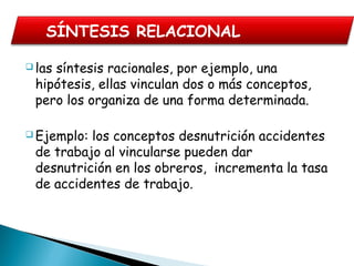  las síntesis racionales, por ejemplo, una
hipótesis, ellas vinculan dos o más conceptos,
pero los organiza de una forma determinada.
 Ejemplo: los conceptos desnutrición accidentes
de trabajo al vincularse pueden dar
desnutrición en los obreros, incrementa la tasa
de accidentes de trabajo.
SÍNTESIS RELACIONAL
 